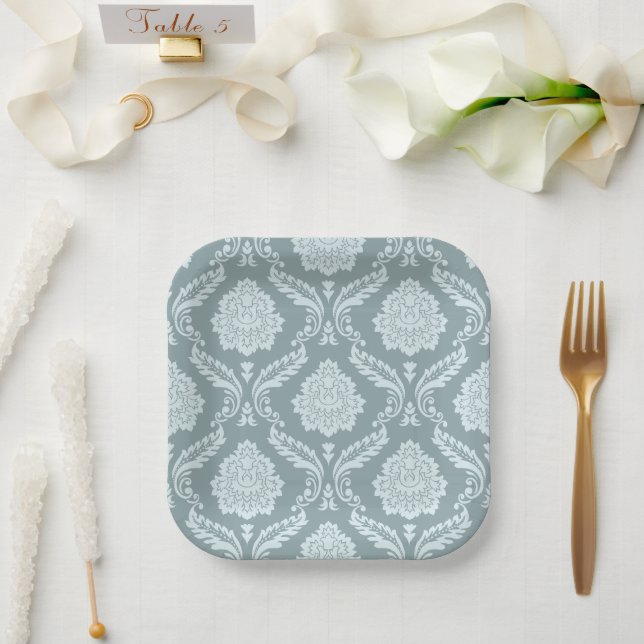 Rococo Damask Pattern Duck Egg Blue+Teal Paper Pla Plate (Wedding)
