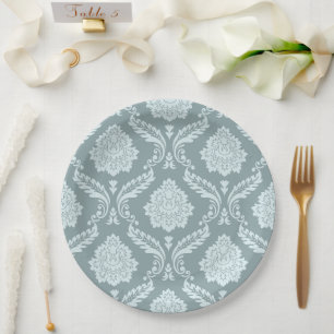 Rococo Damask Pattern Duck Egg Blue+Teal Paper Plate