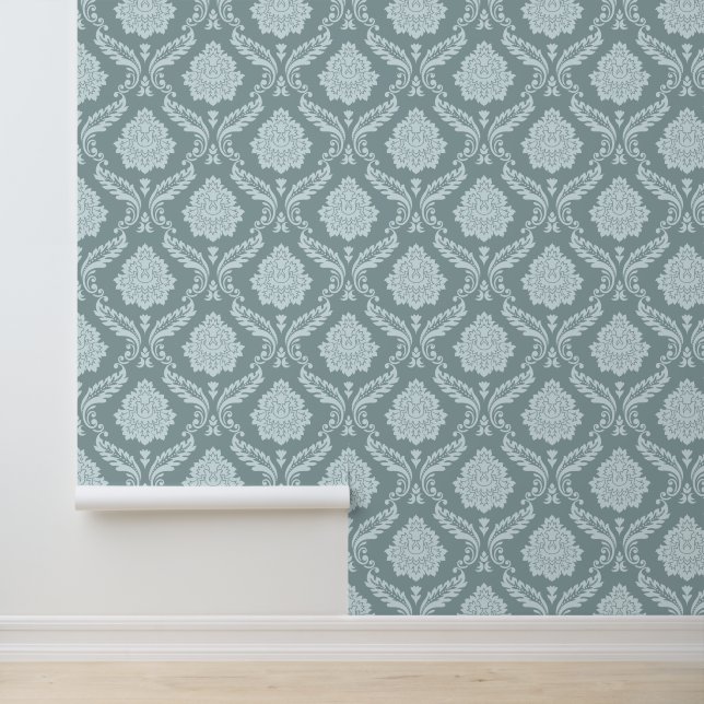 Rococo Damask Pattern Duck Egg Blue+Teal Wallpaper (Application)