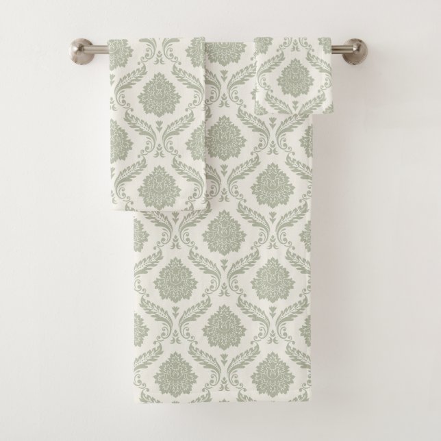 Rococo Damask Pattern Green on Cream Bath Towel Set (Insitu)