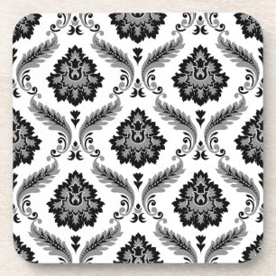 Rococo Damask Pattern Grey Black White Coaster