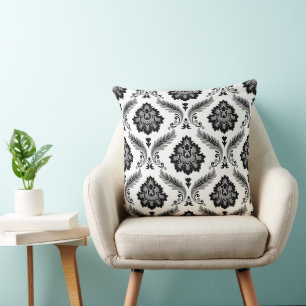 Rococo Damask Pattern Grey Black White Cushion
