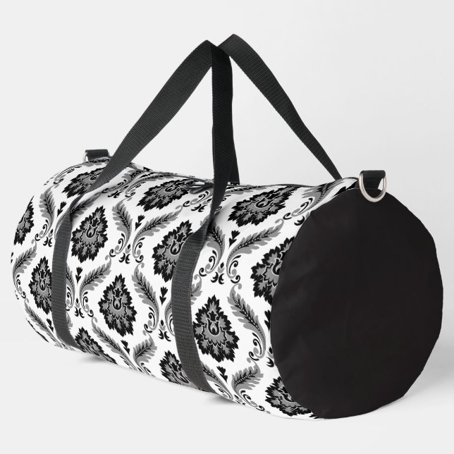 Rococo Damask Pattern Grey Black White Duffle Bag (Left Corner)
