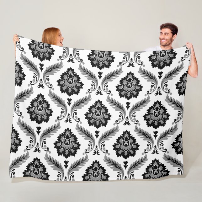 Rococo Damask Pattern Grey Black White Fleece Blanket (In Situ)