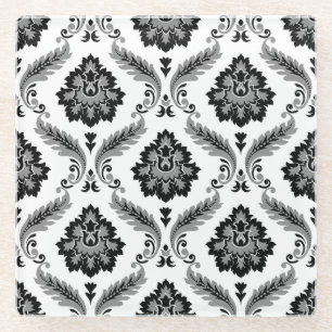 Rococo Damask Pattern Grey Black White Glass Coaster
