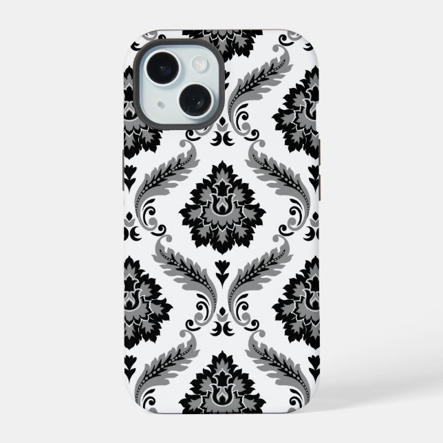 Rococo Damask Pattern Grey Black White iPhone 15 Case (Back)