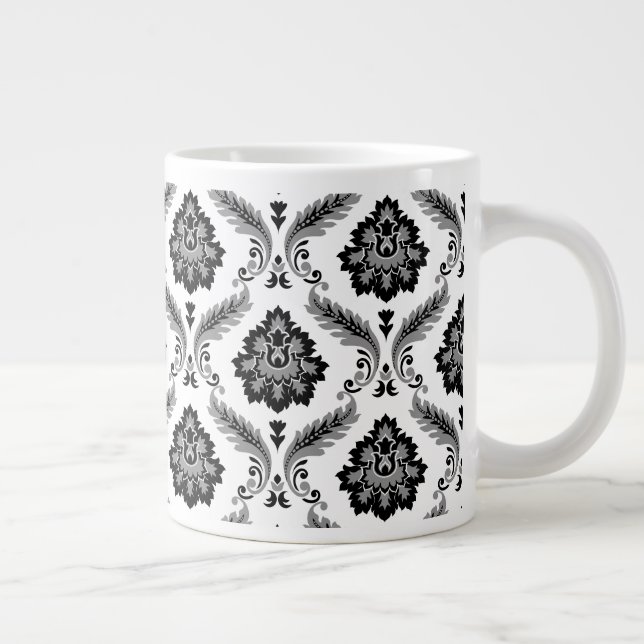 Rococo Damask Pattern Grey Black White Large Coffee Mug (Right)