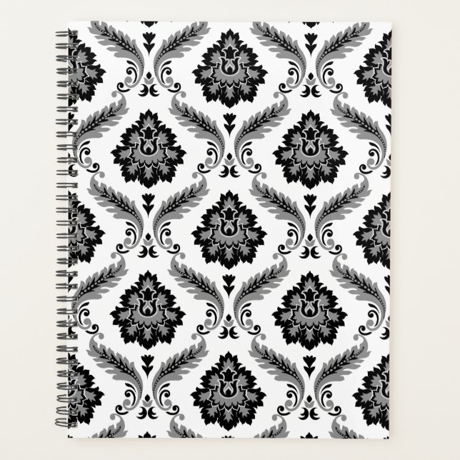 Rococo Damask Pattern Grey Black White Planner (Front)