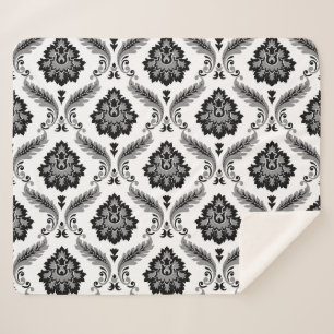 Rococo Damask Pattern Grey Black White Sherpa Blanket