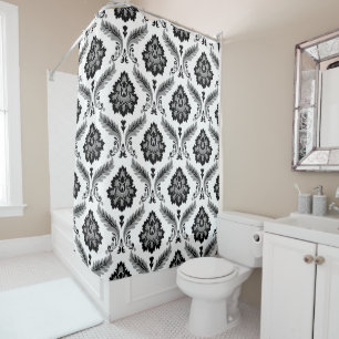 Rococo Damask Pattern Grey Black White Shower Curtain