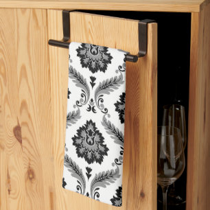 Rococo Damask Pattern Grey Black White Tea Towel