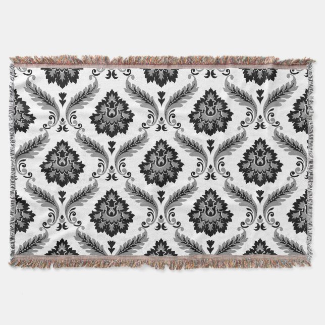 Rococo Damask Pattern Grey Black White Throw Blanket (Front)