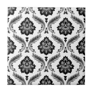 Rococo Damask Pattern Grey Black White Tile