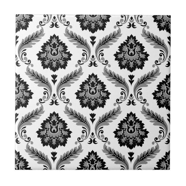 Rococo Damask Pattern Grey Black White Tile (Front)