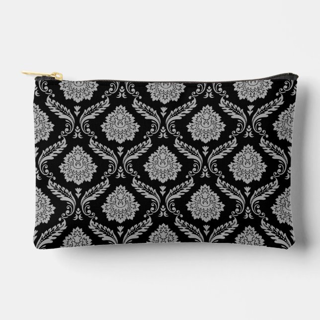 Rococo Damask Pattern Grey on Black Accessory Pouch (Front)