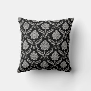 Rococo Damask Pattern Grey on Black Cushion