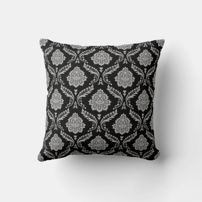 Rococo Damask Pattern Grey on Black Cushion (Back)
