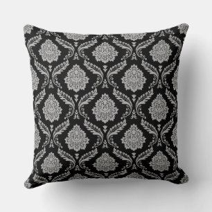 Rococo Damask Pattern Grey on Black Cushion