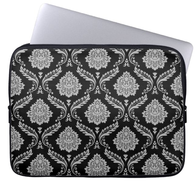 Rococo Damask Pattern Grey on Black Laptop Sleeve (Front)