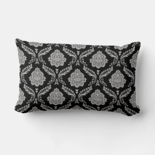Rococo Damask Pattern Grey on Black Lumbar Cushion