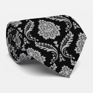 Rococo Damask Pattern Grey on Black Tie