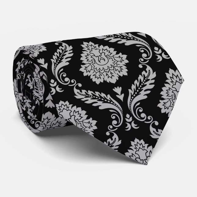 Rococo Damask Pattern Grey on Black Tie (Rolled)