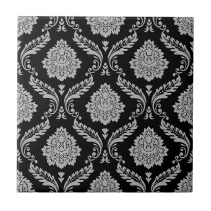 Rococo Damask Pattern Grey on Black Tile