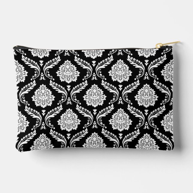 Rococo Damask Pattern White on Black Accessory Pouch (Back)