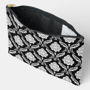 Rococo Damask Pattern White on Black Accessory Pouch