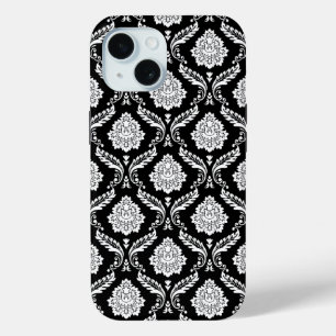Rococo Damask Pattern White on Black iPhone 15 Case