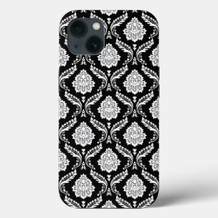 Rococo Damask Pattern White on Black iPhone 13 Case