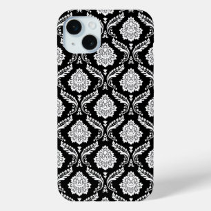 Rococo Damask Pattern White on Black iPhone 15 Mini Case