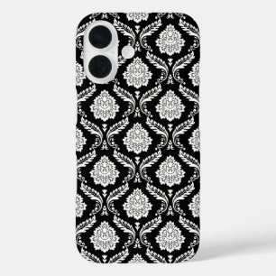 Rococo Damask Pattern White on Black iPhone 16 Case