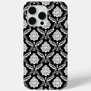 Rococo Damask Pattern White on Black iPhone 15 Pro Max Case