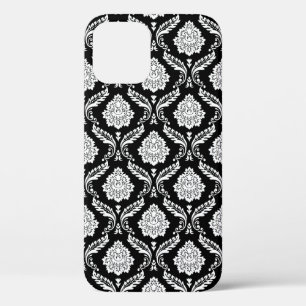 Rococo Damask Pattern White on Black iPhone 12 Pro Case