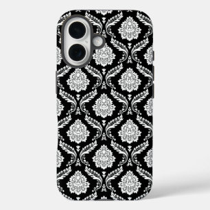 Rococo Damask Pattern White on Black iPhone 16 Case