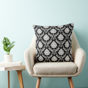 Rococo Damask Pattern White on Black Cushion