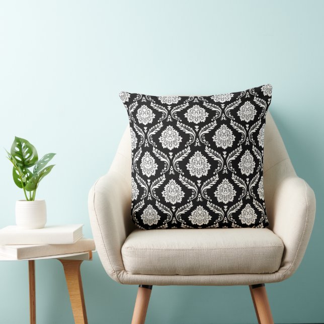 Rococo Damask Pattern White on Black Cushion (Chair)
