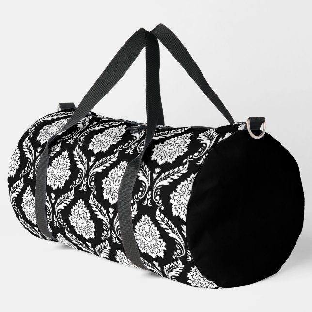 Rococo Damask Pattern White on Black Duffle Bag (Left Corner)