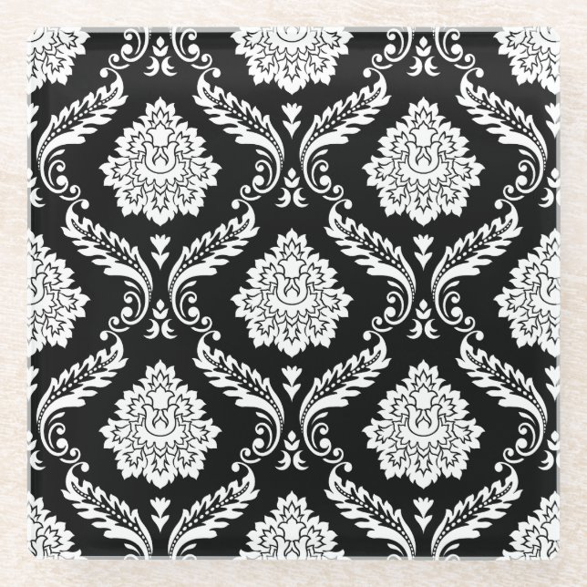 Rococo Damask Pattern White on Black Glass Coaster (Front)