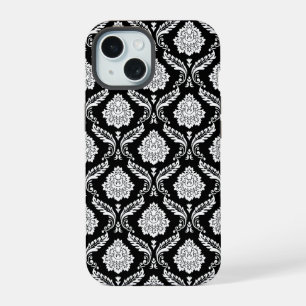 Rococo Damask Pattern White on Black iPhone 15 Case
