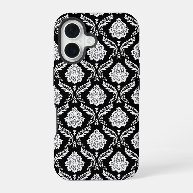 Rococo Damask Pattern White on Black  iPhone 16 Case (Back)