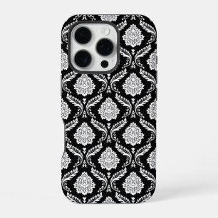 Rococo Damask Pattern White on Black iPhone 16 Pro Case