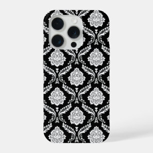Rococo Damask Pattern White on Black iPhone 15 Pro Case