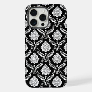 Rococo Damask Pattern White on Black iPhone 15 Pro Max Case