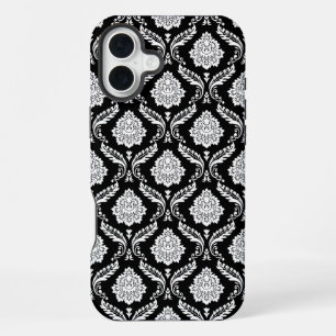 Rococo Damask Pattern White on Black iPhone 16 Plus Case