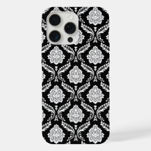 Rococo Damask Pattern White on Black iPhone 15 Pro Max Case