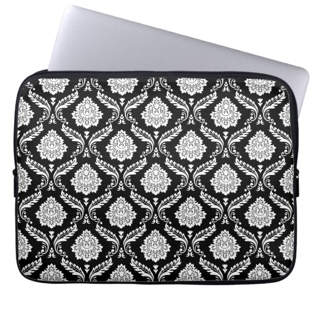 Rococo Damask Pattern White on Black Laptop Sleeve (Front)