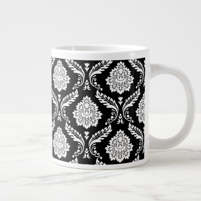 Rococo Damask Pattern White on Black Large Coffee Mug (Right)
