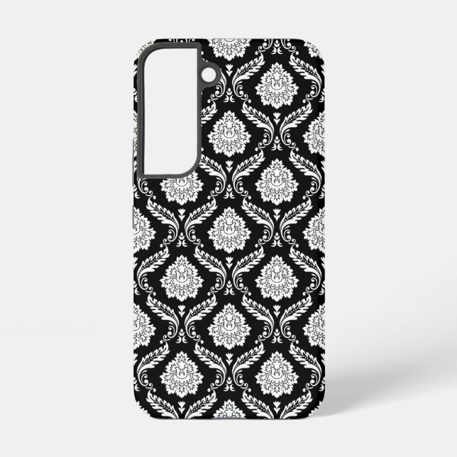 Rococo Damask Pattern White on Black  Samsung Galaxy S22 Case (Back)